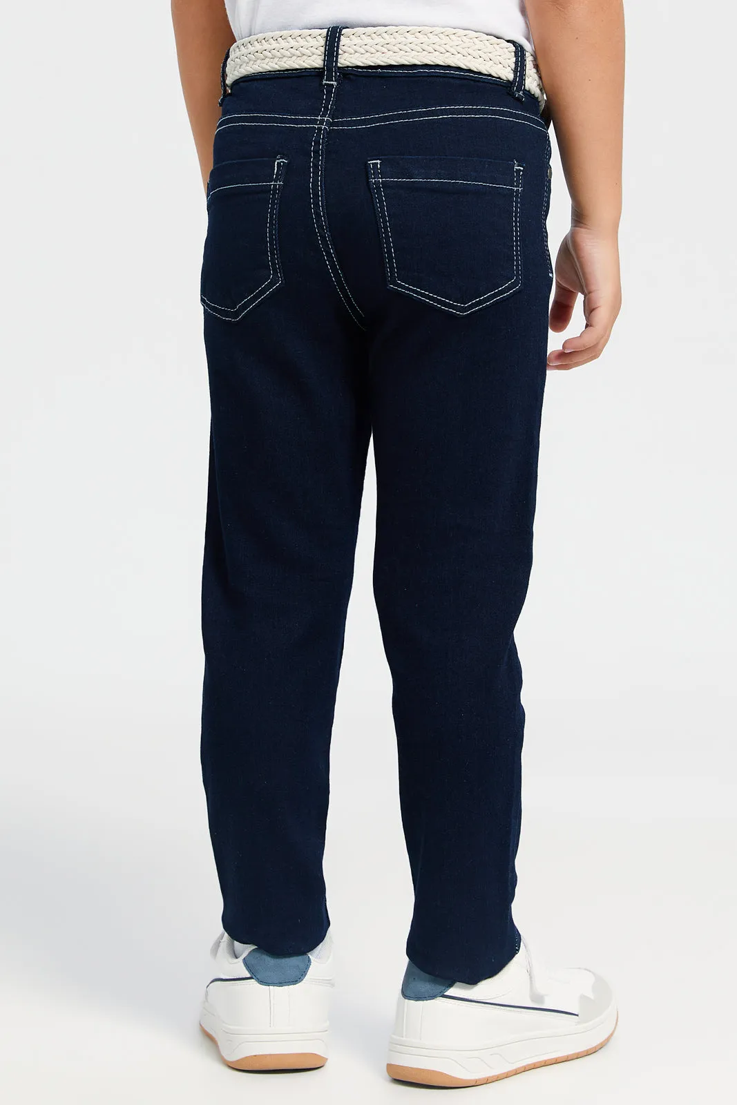 Boys Navy Belted 5 Pocket Jeans