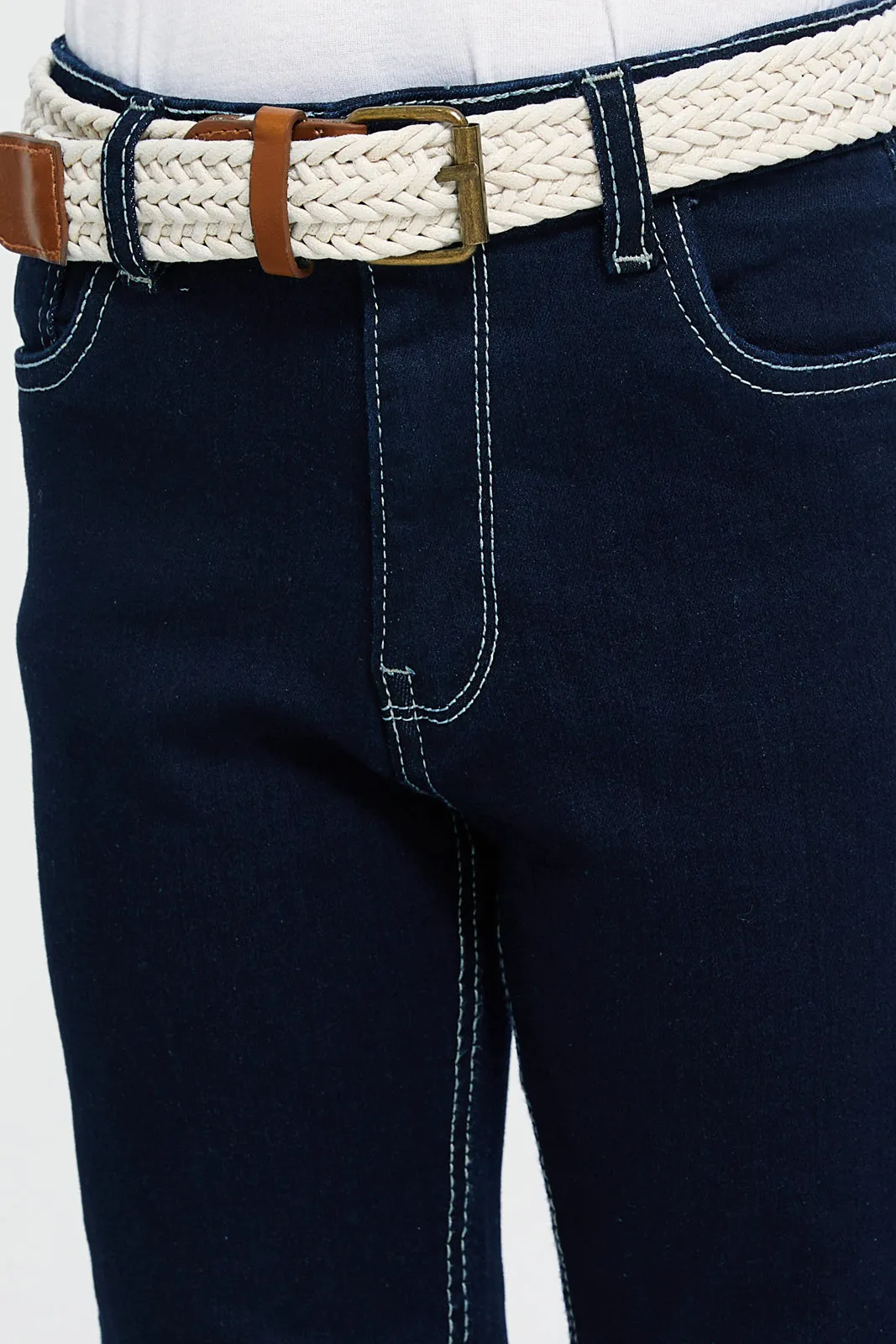 Boys Navy Belted 5 Pocket Jeans