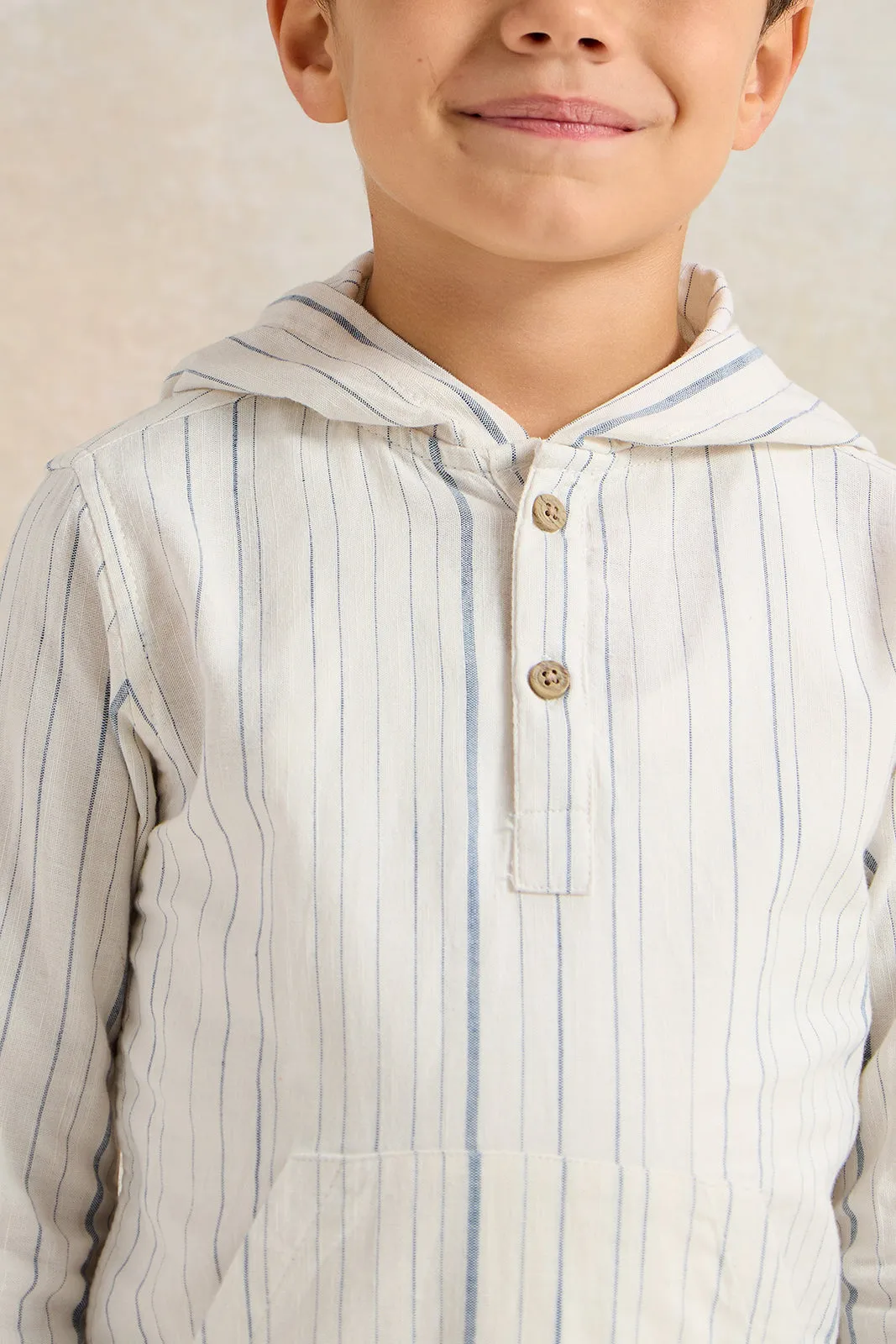 Boys White Striped With Hooded Shirt