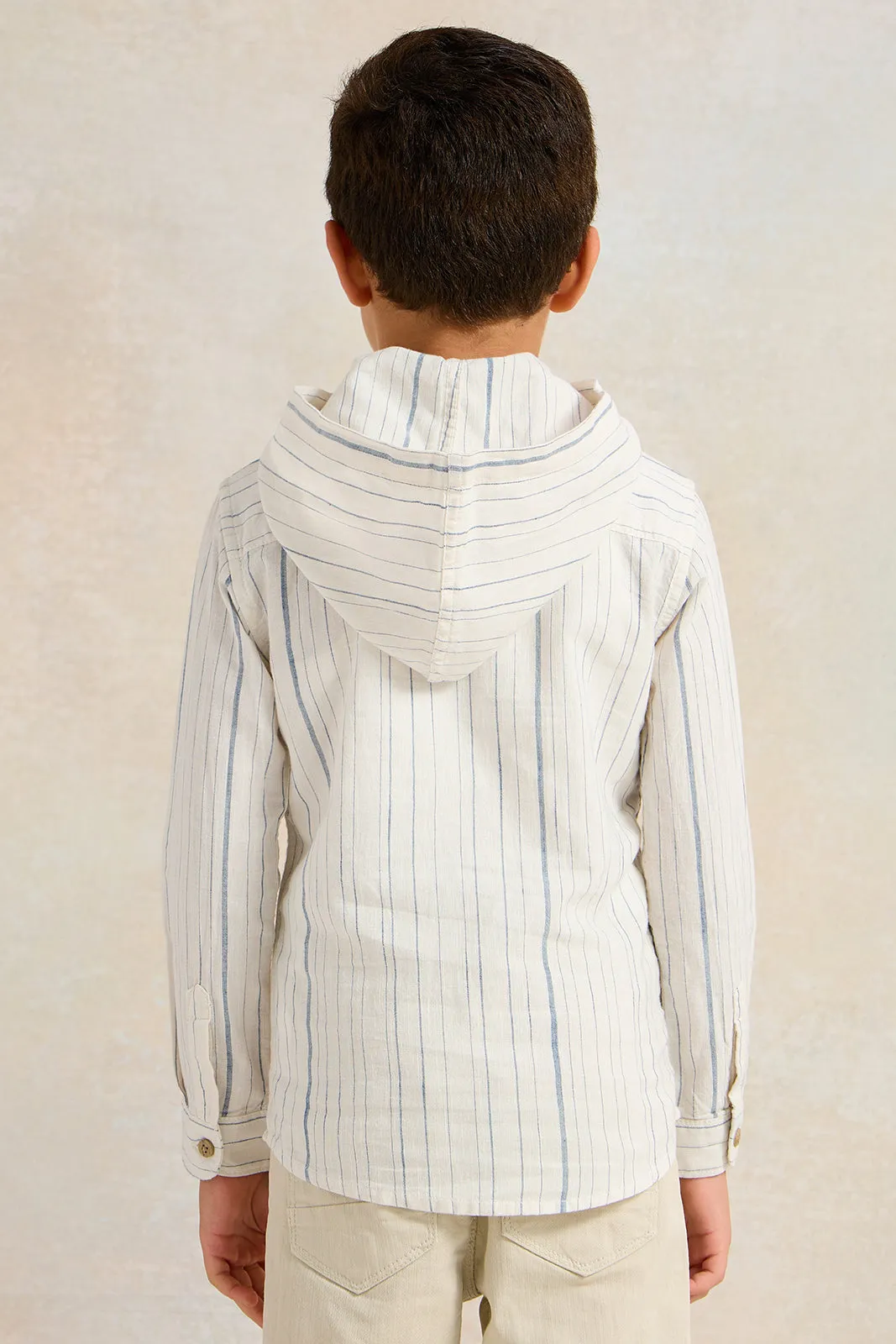 Boys White Striped With Hooded Shirt