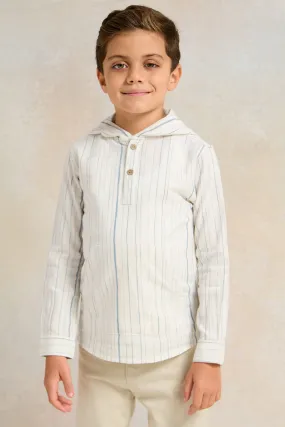 Boys White Striped With Hooded Shirt