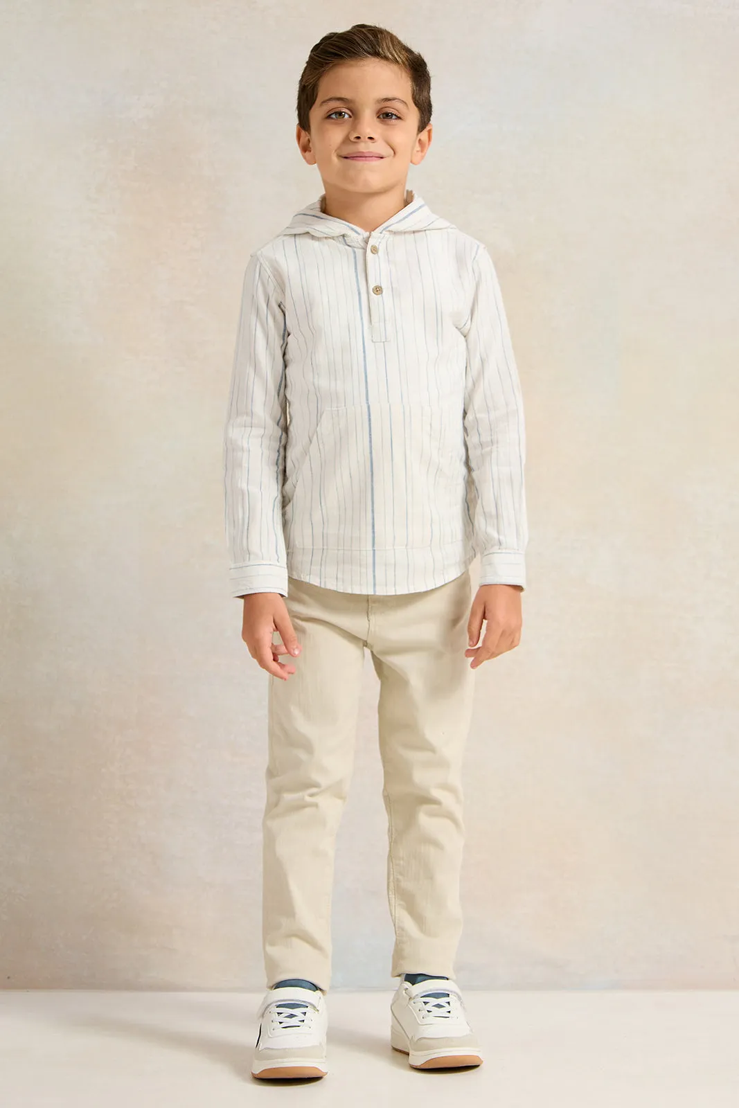 Boys White Striped With Hooded Shirt