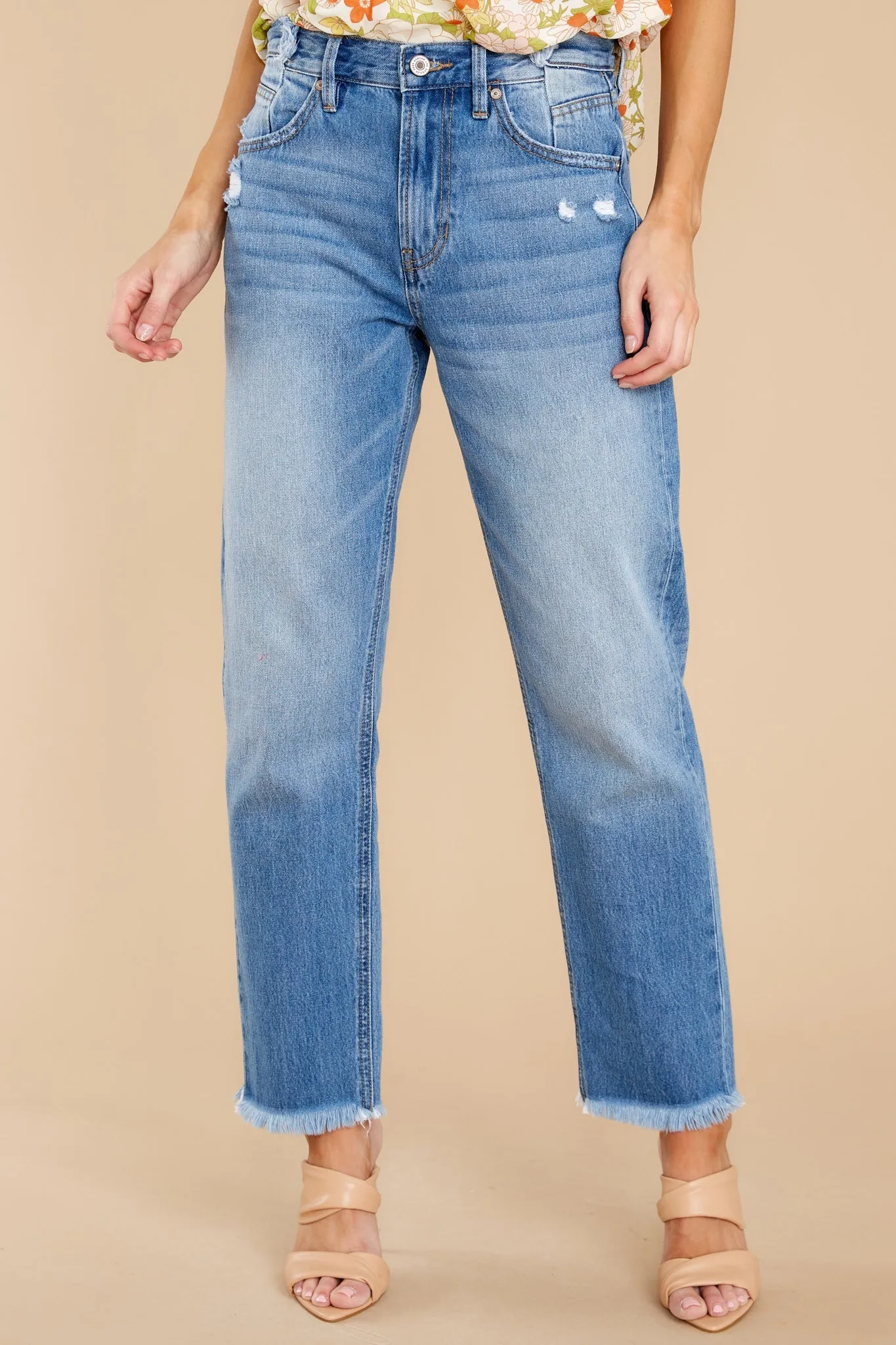 Breeze Through Medium Wash Distressed Straight Jeans