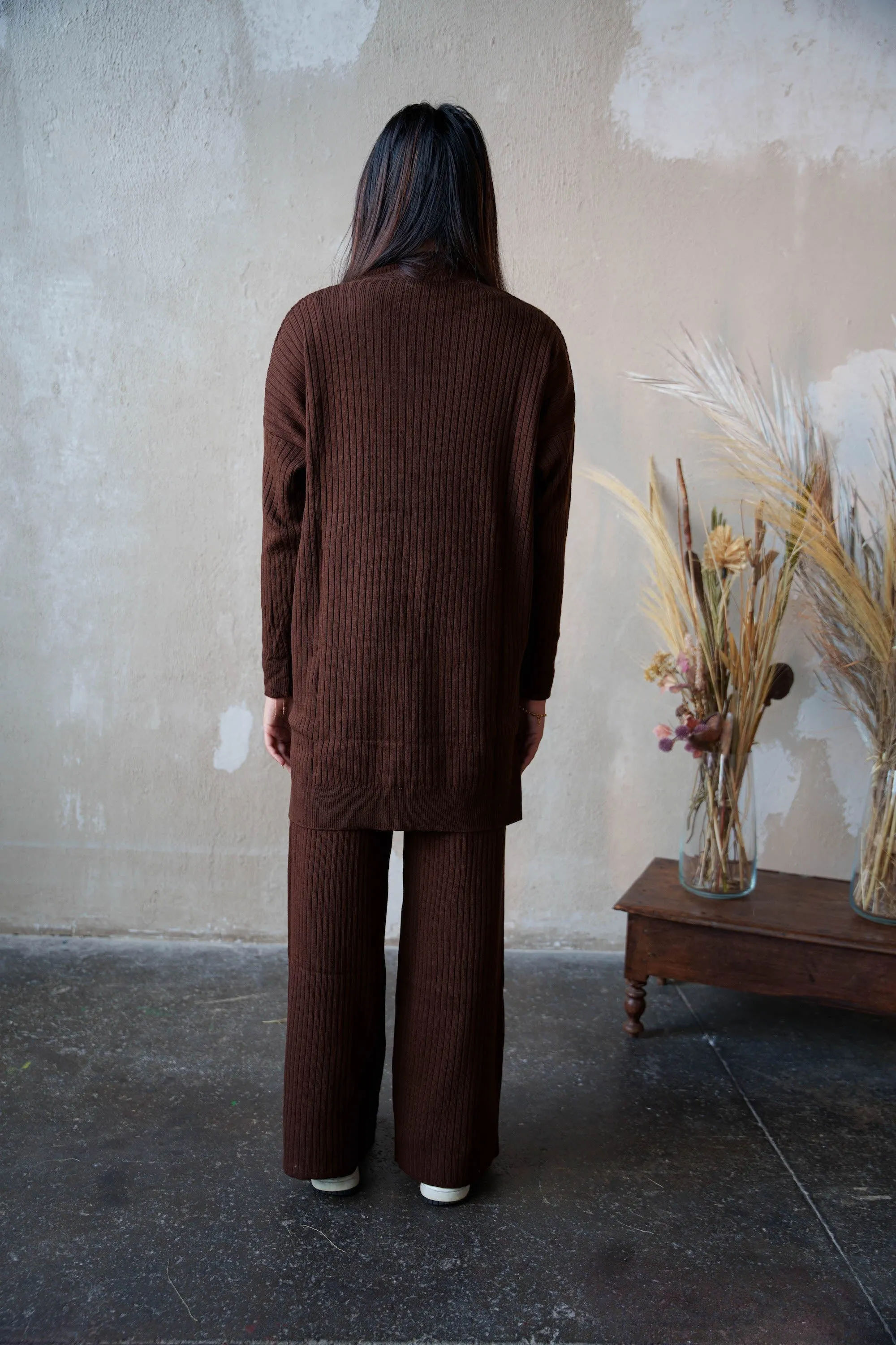 Brown Ribbed Pocket Tunic and Pants Set