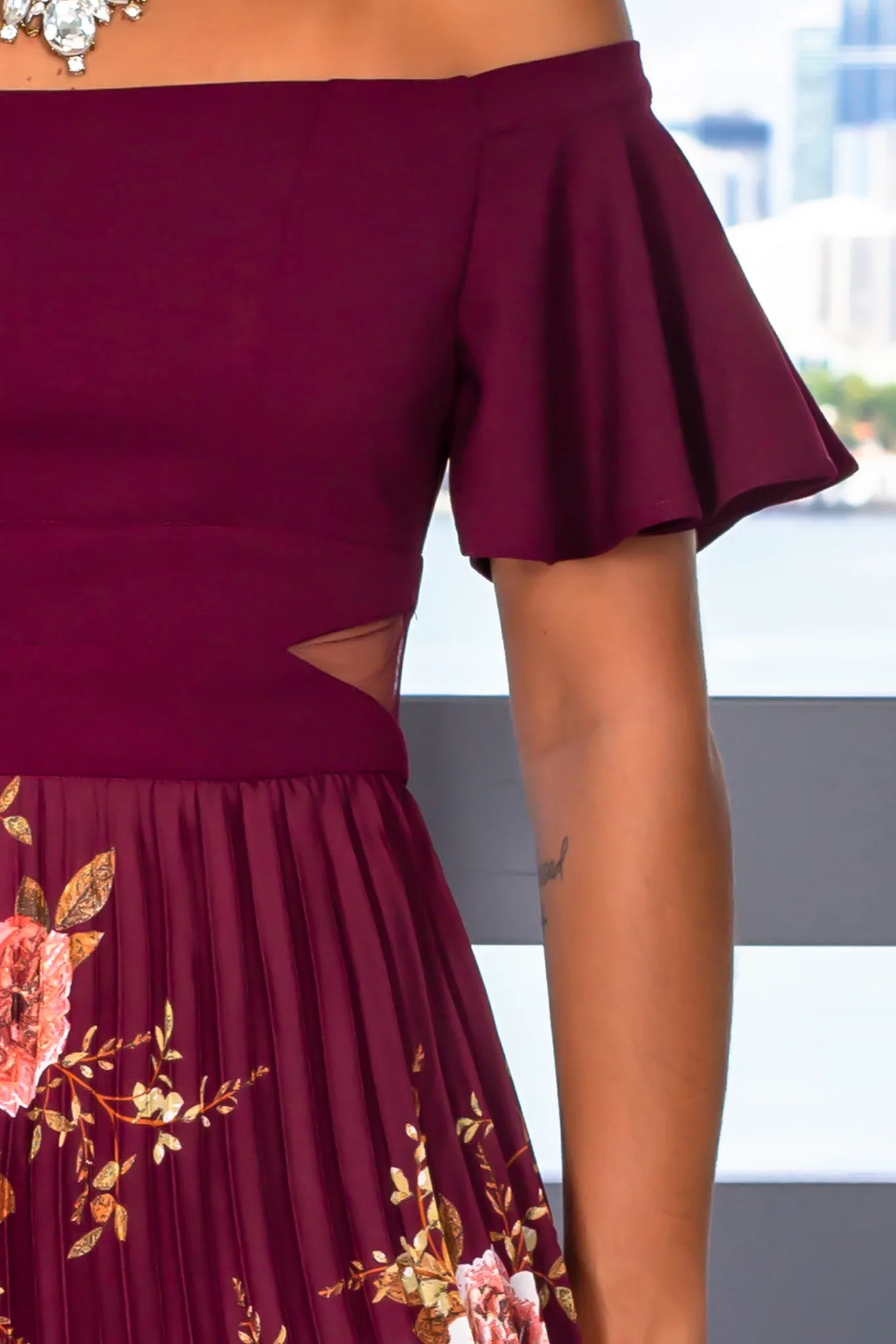 Burgundy Floral Pleated Maxi Dress with Ruffle Sleeves