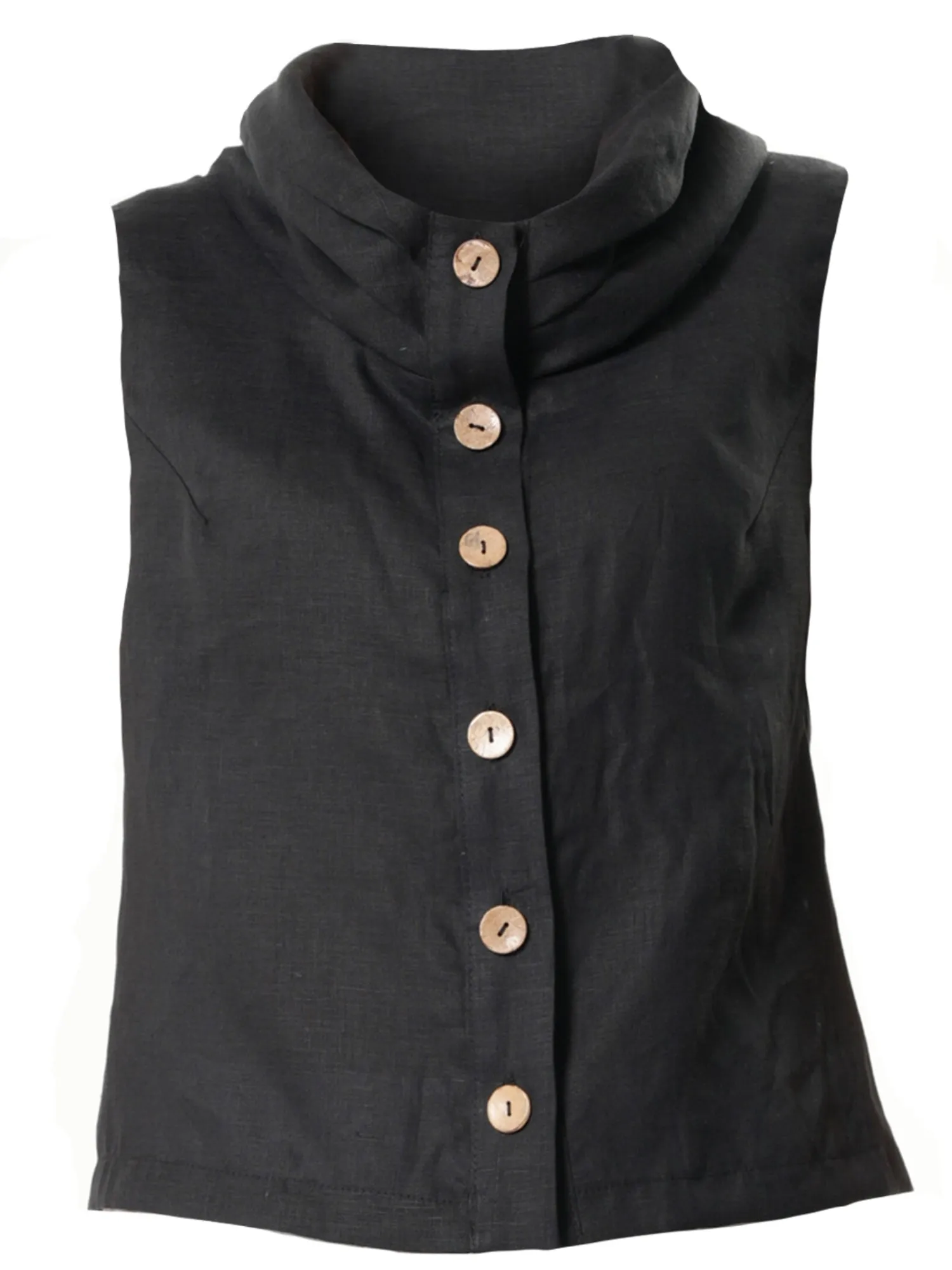 Buttoned Sleeveless Linen Top In Black