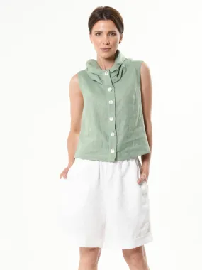 Buttoned Sleeveless Linen Top In Light Green