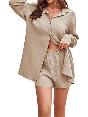 CALSUZ Women's Button Up Long Sleeve Shirt and High Waisted Shorts Casual Sweatshirt Set