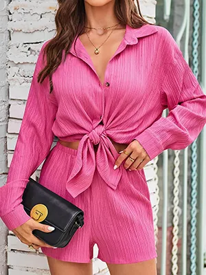 CALSUZ Women's Button Up Long Sleeve Shirt and High Waisted Shorts Casual Sweatshirt Set