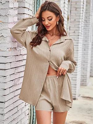 CALSUZ Women's Button Up Long Sleeve Shirt and High Waisted Shorts Casual Sweatshirt Set