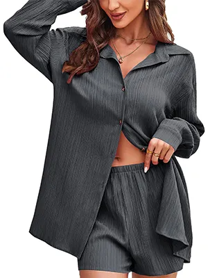 CALSUZ Women's Button Up Long Sleeve Shirt and High Waisted Shorts Casual Sweatshirt Set