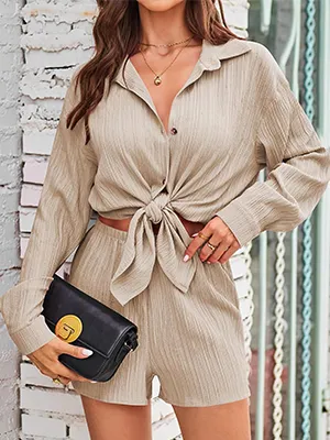 CALSUZ Women's Button Up Long Sleeve Shirt and High Waisted Shorts Casual Sweatshirt Set