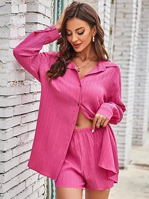 CALSUZ Women's Button Up Long Sleeve Shirt and High Waisted Shorts Casual Sweatshirt Set