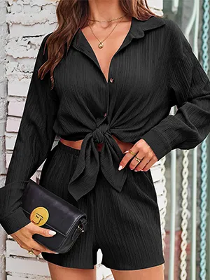 CALSUZ Women's Button Up Long Sleeve Shirt and High Waisted Shorts Casual Sweatshirt Set