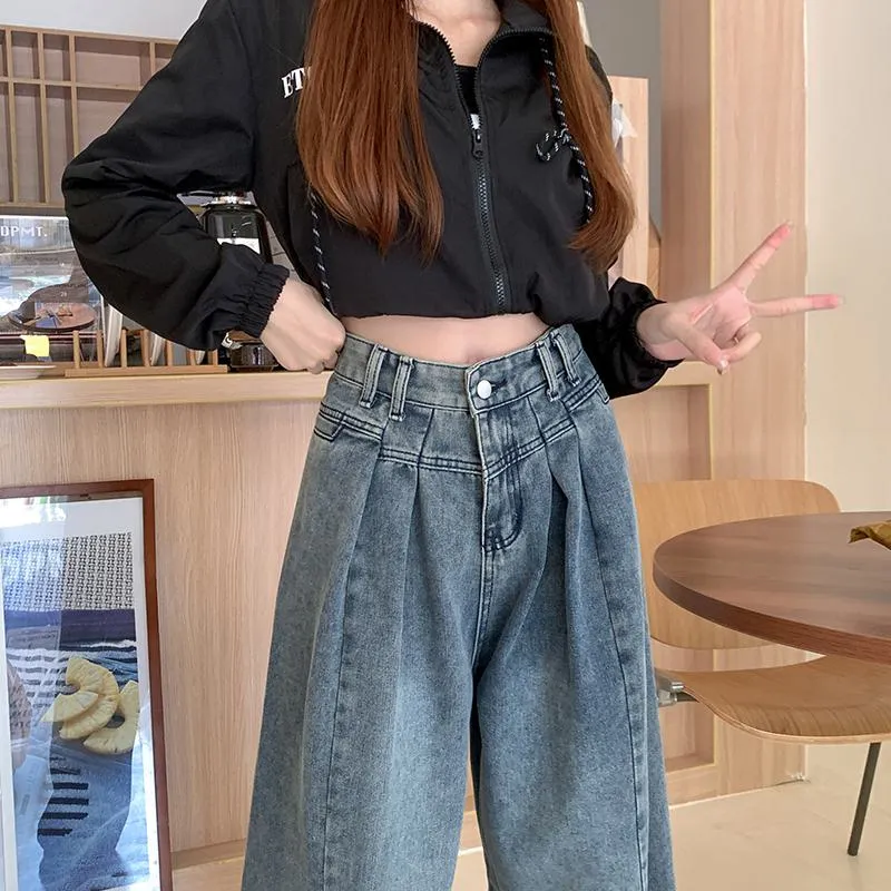 Casual Cinched Waist Loose Fit Denim Retro Draping Straight Jeans