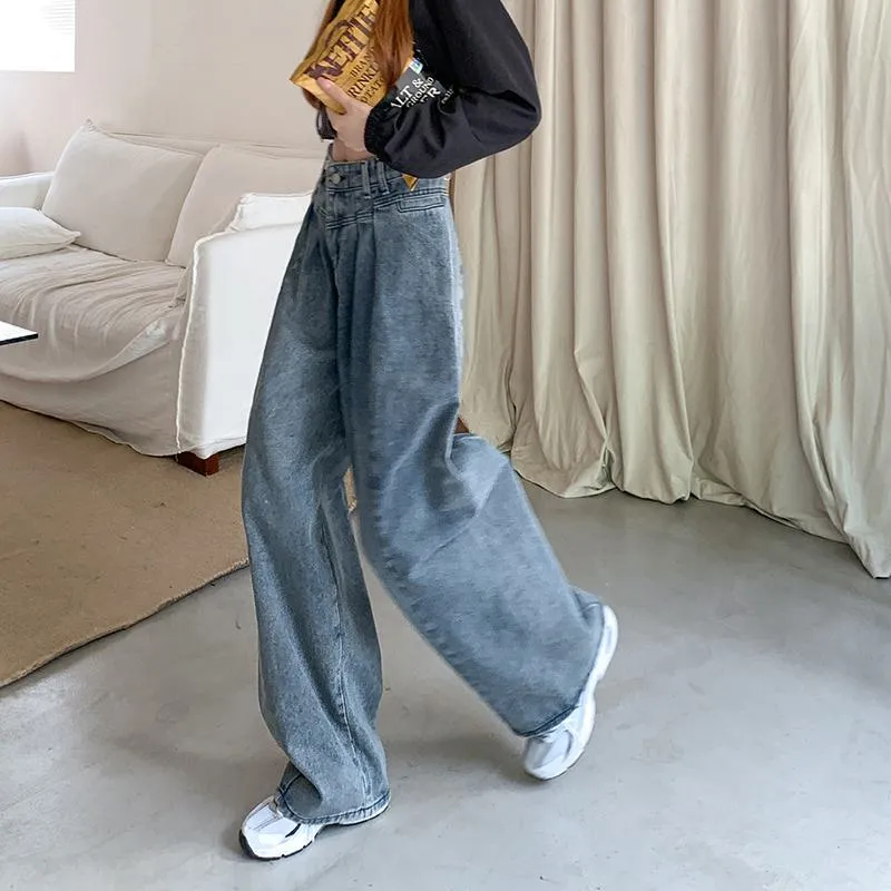 Casual Cinched Waist Loose Fit Denim Retro Draping Straight Jeans