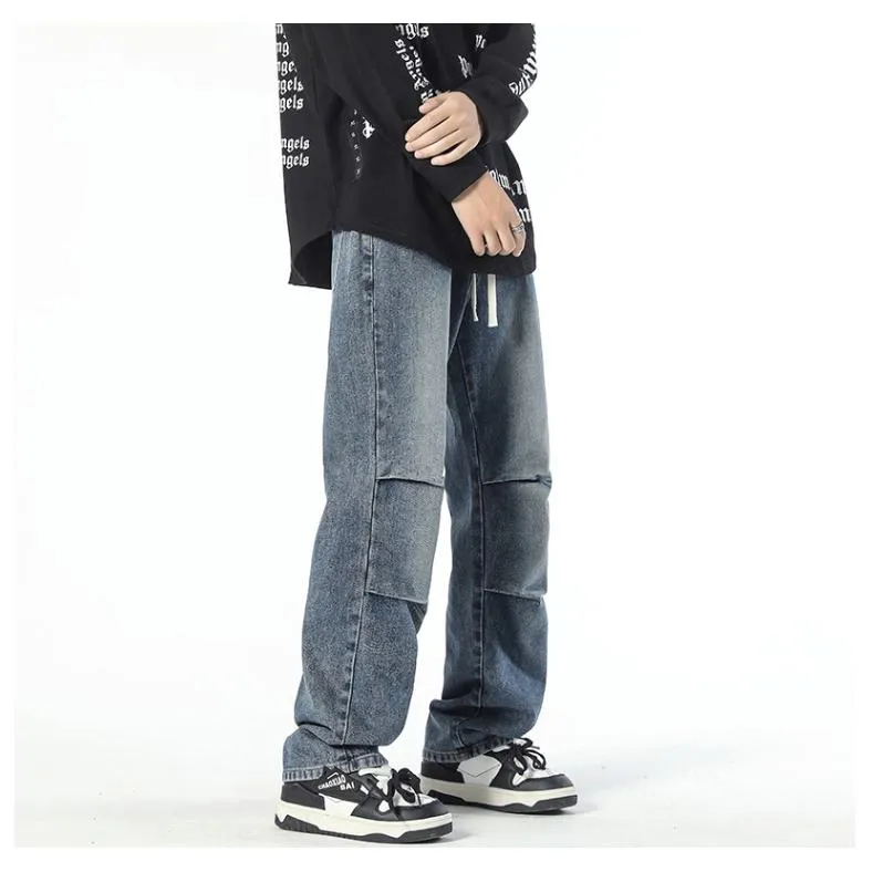 Casual Pleated Loose Fit Retro Straight Street Style Drawstring Jeans