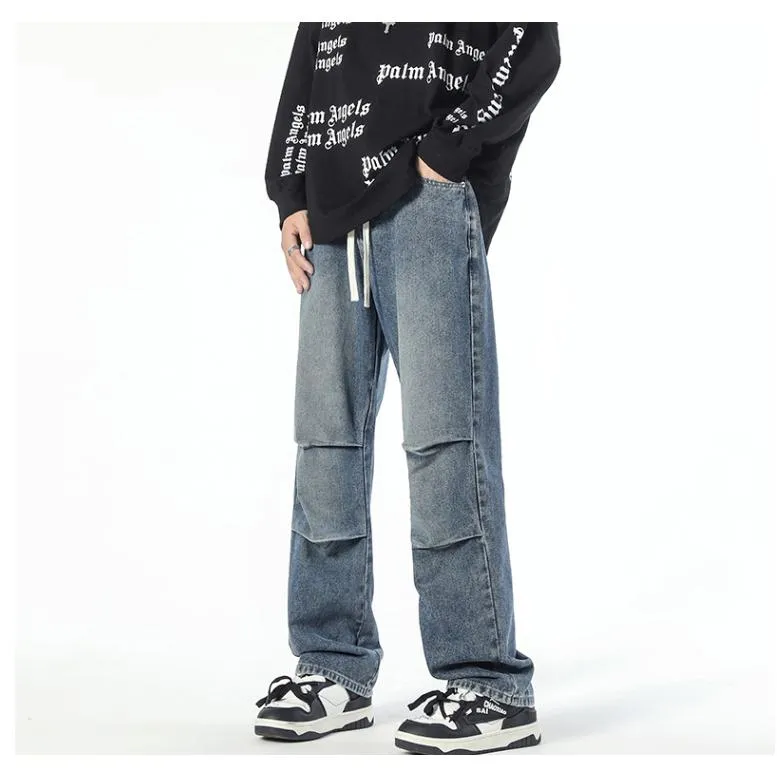 Casual Pleated Loose Fit Retro Straight Street Style Drawstring Jeans