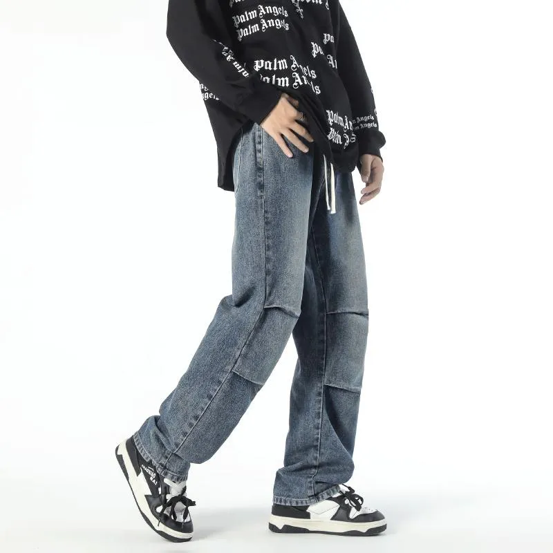 Casual Pleated Loose Fit Retro Straight Street Style Drawstring Jeans