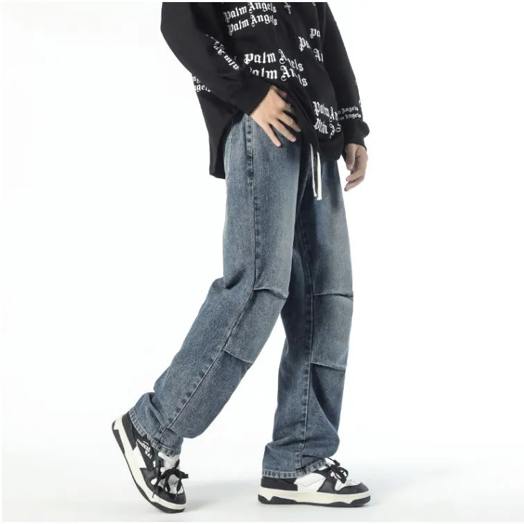 Casual Pleated Loose Fit Retro Straight Street Style Drawstring Jeans