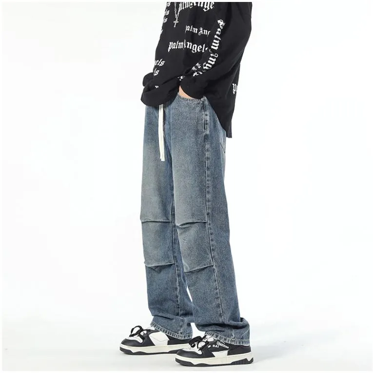 Casual Pleated Loose Fit Retro Straight Street Style Drawstring Jeans