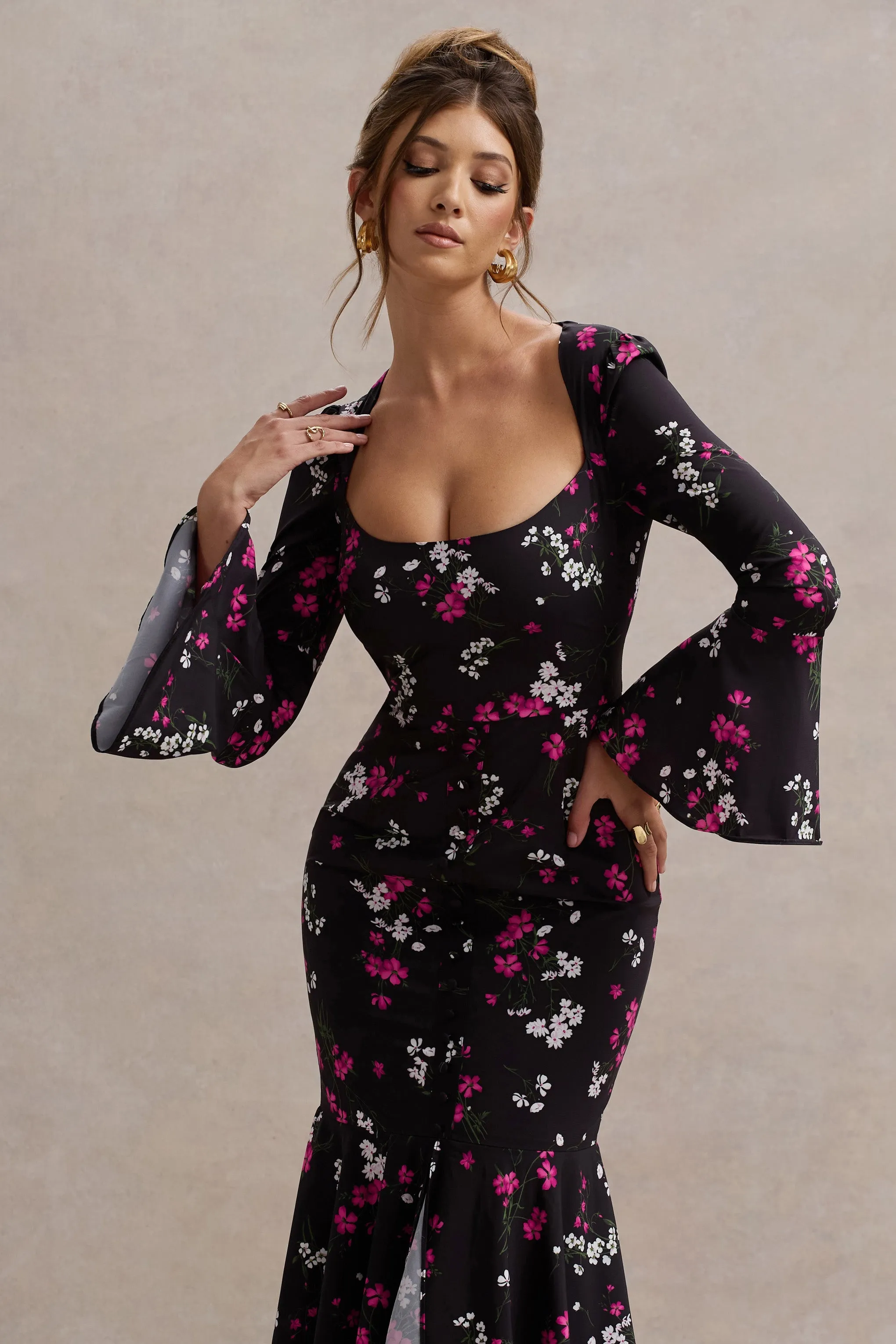 Catalonia | Black Ditsy Floral Print Chiffon Long-Sleeve Split Maxi Dress