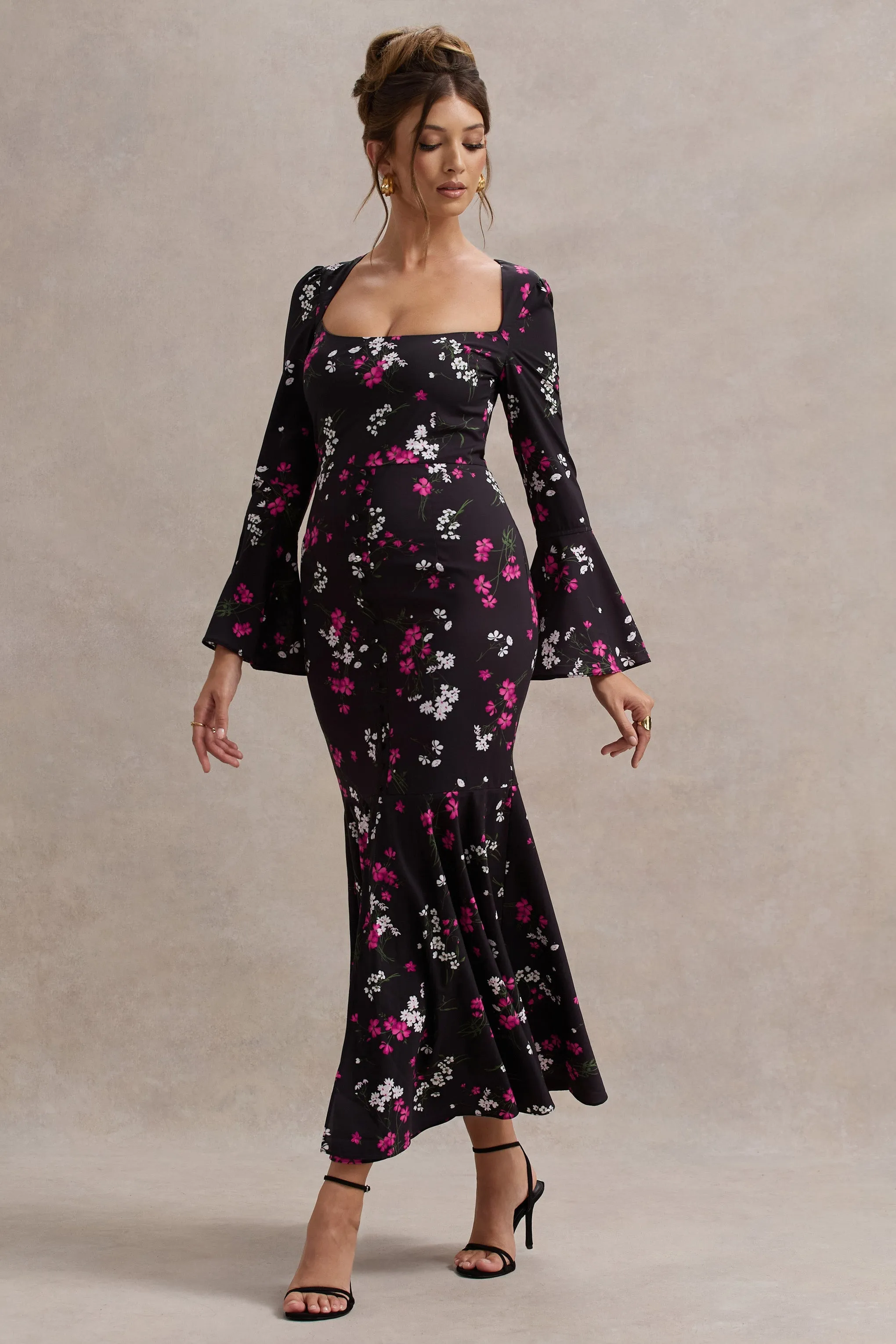 Catalonia | Black Ditsy Floral Print Chiffon Long-Sleeve Split Maxi Dress