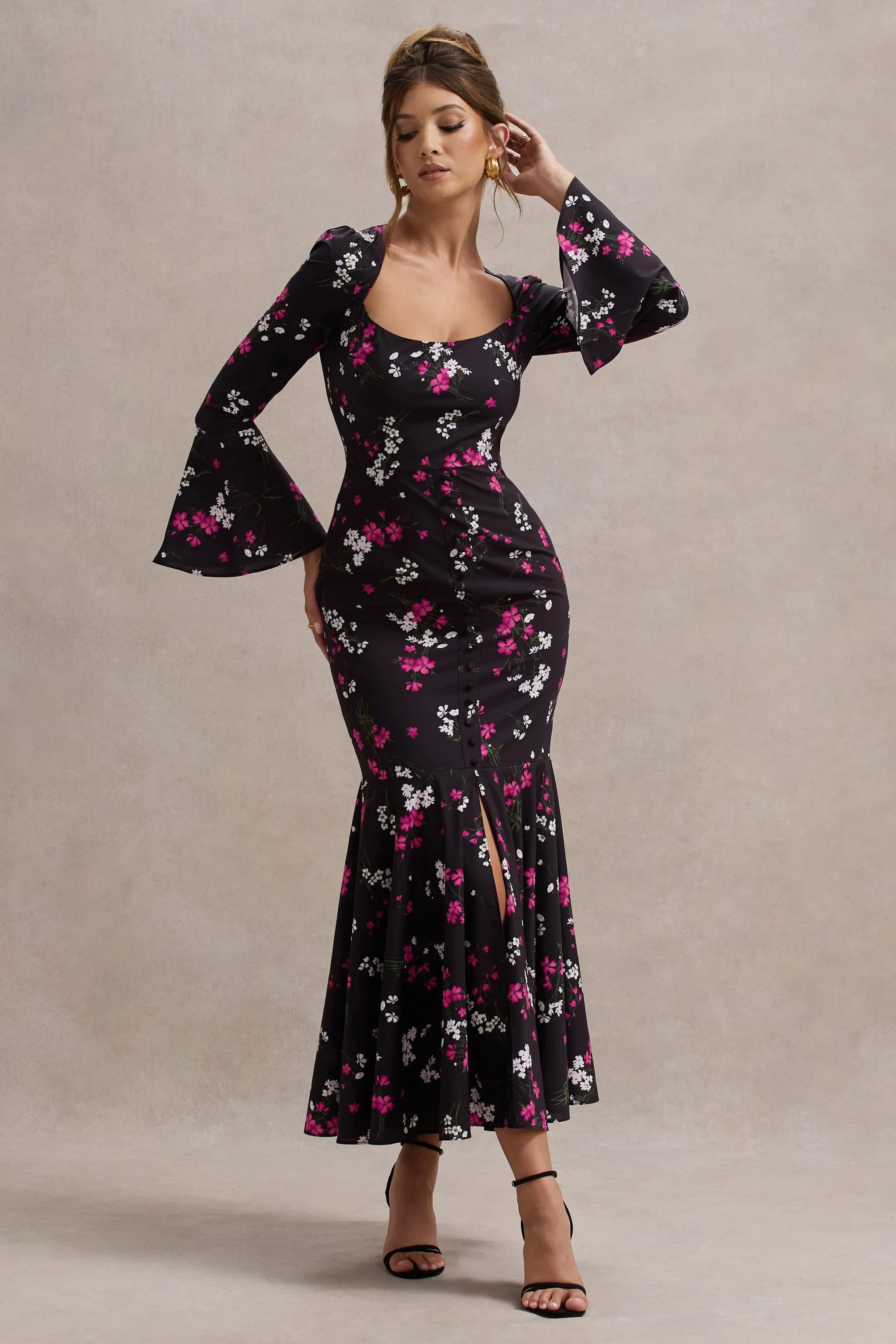 Catalonia | Black Ditsy Floral Print Chiffon Long-Sleeve Split Maxi Dress