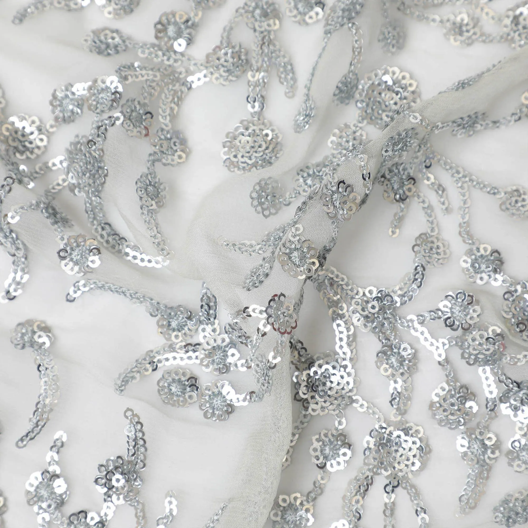 Cloud grey Premium pure silk chiffon fabric with same tone sequin embroidery in floral design-D13196