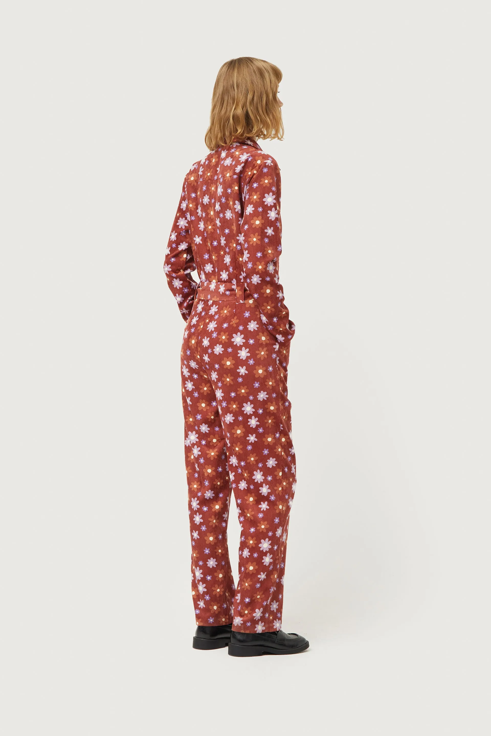 Compañia Fantastica - Brown Cord Jumpsuit with Lilac Flowers