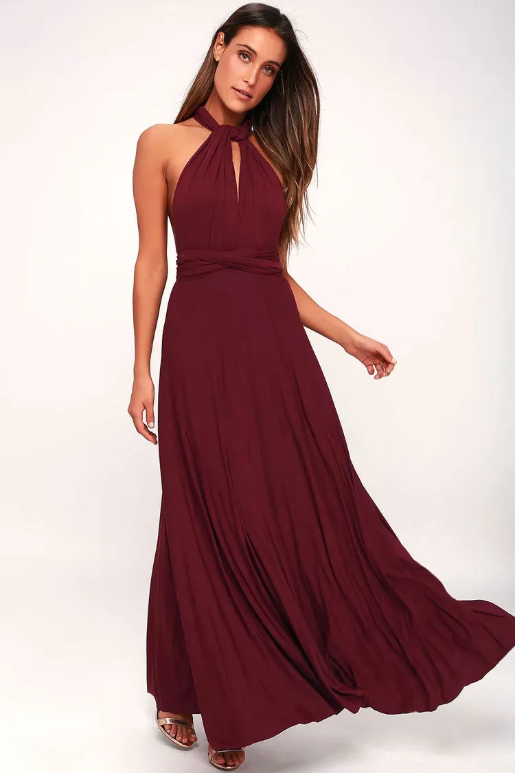 Convertible High Waist A-Line Infinity Maxi Bridesmaid Dress - Burgundy