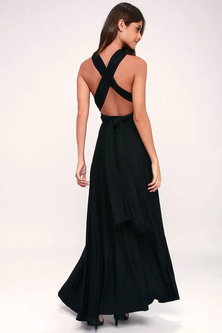 Convertible High Waist A-Line Infinity Maxi Prom Dress - Black