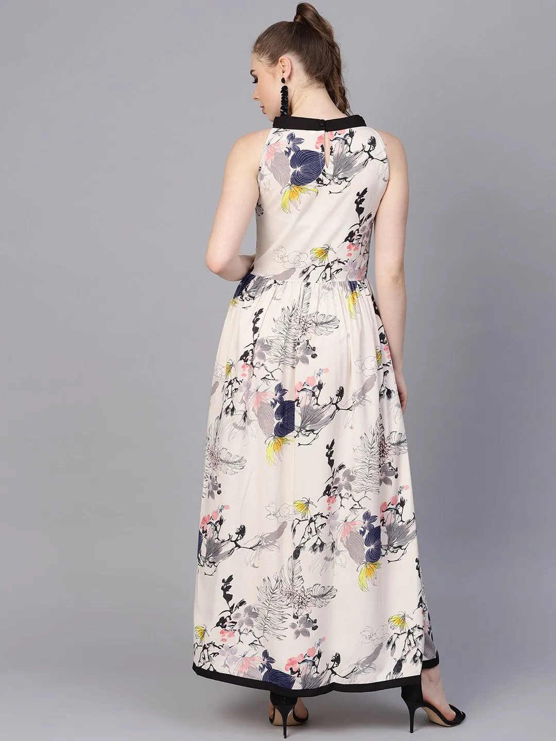 Cream Floral Sleeveless Printed Maxi Dress