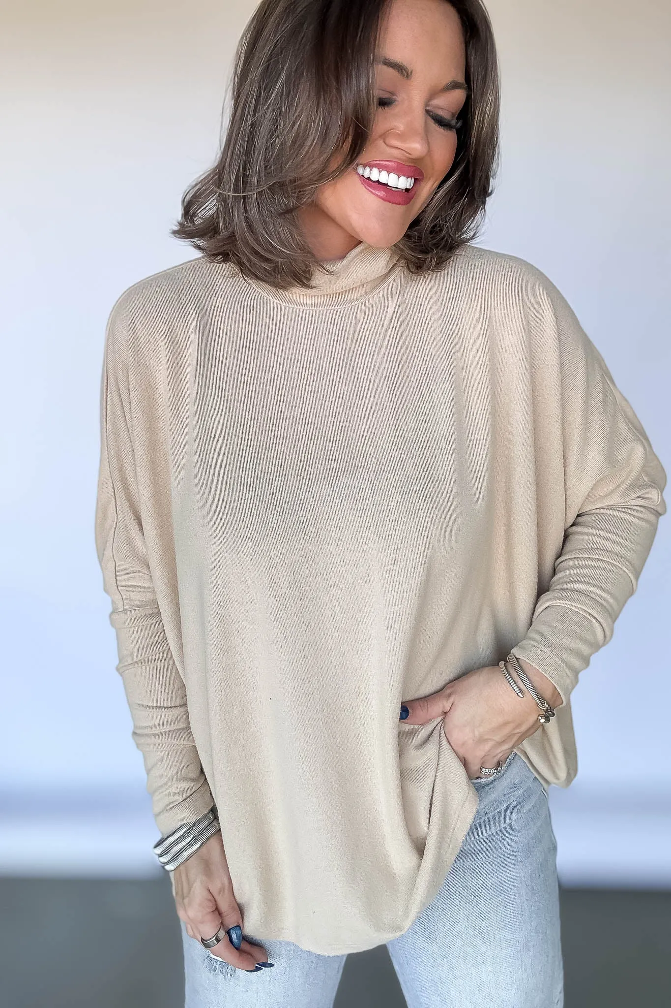 Cream Turtleneck Dolman-Sleeve Top