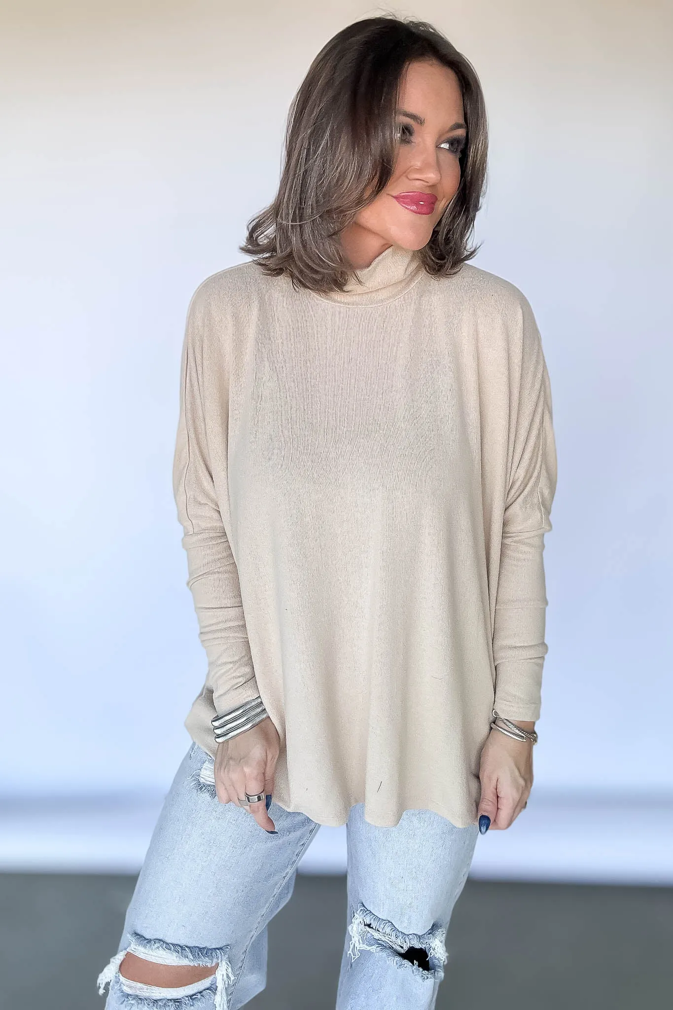 Cream Turtleneck Dolman-Sleeve Top