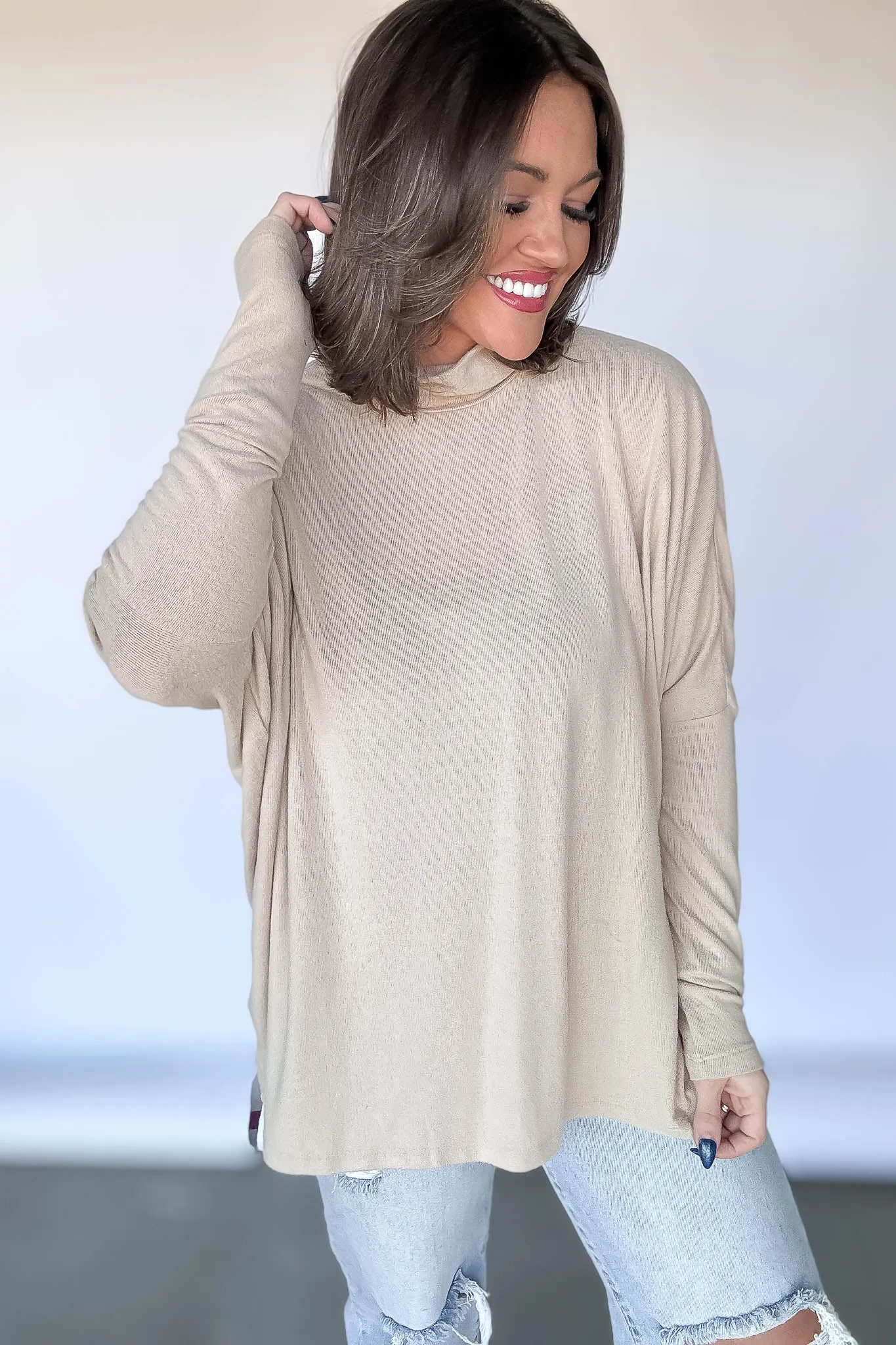 Cream Turtleneck Dolman-Sleeve Top