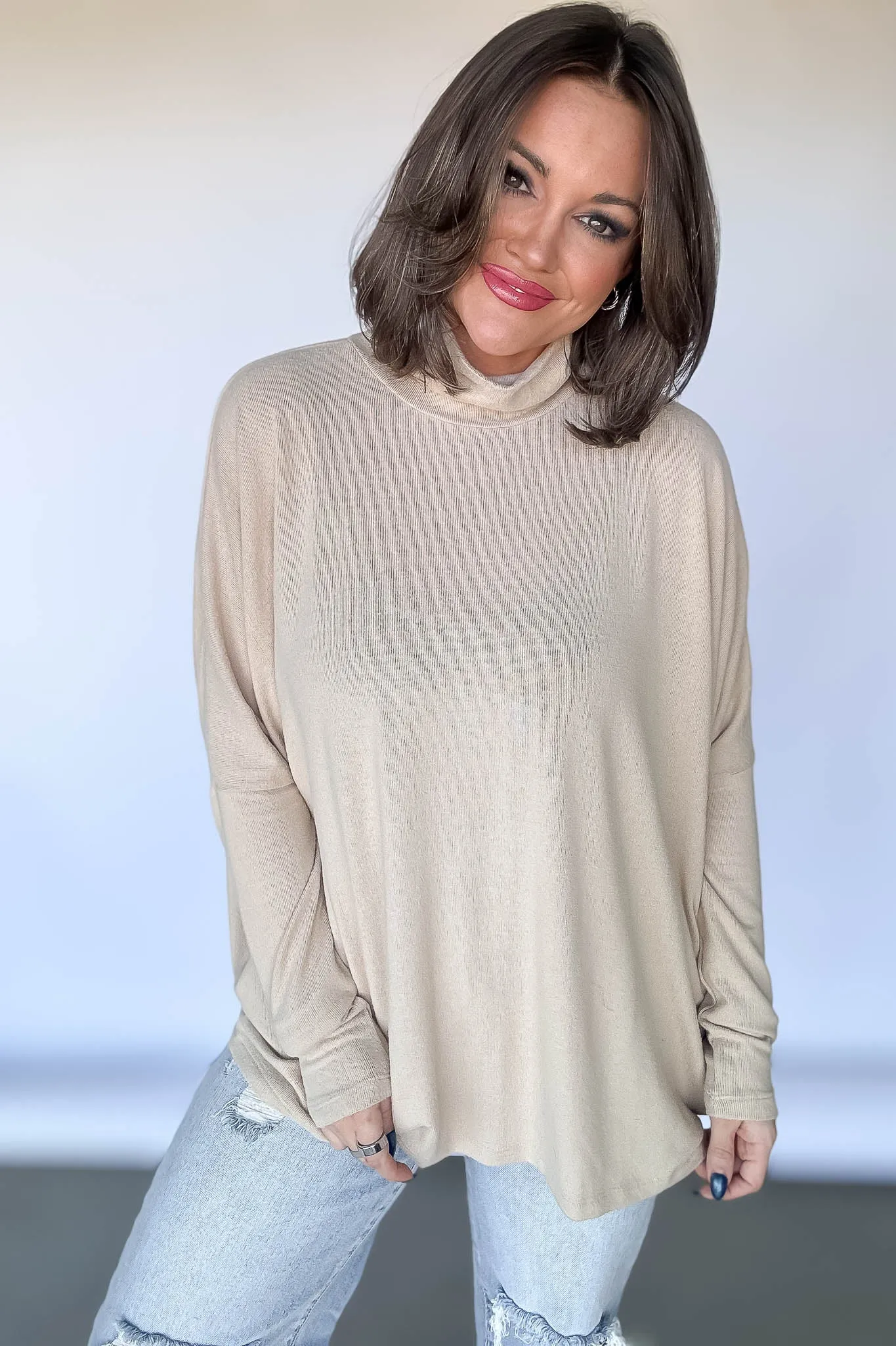 Cream Turtleneck Dolman-Sleeve Top