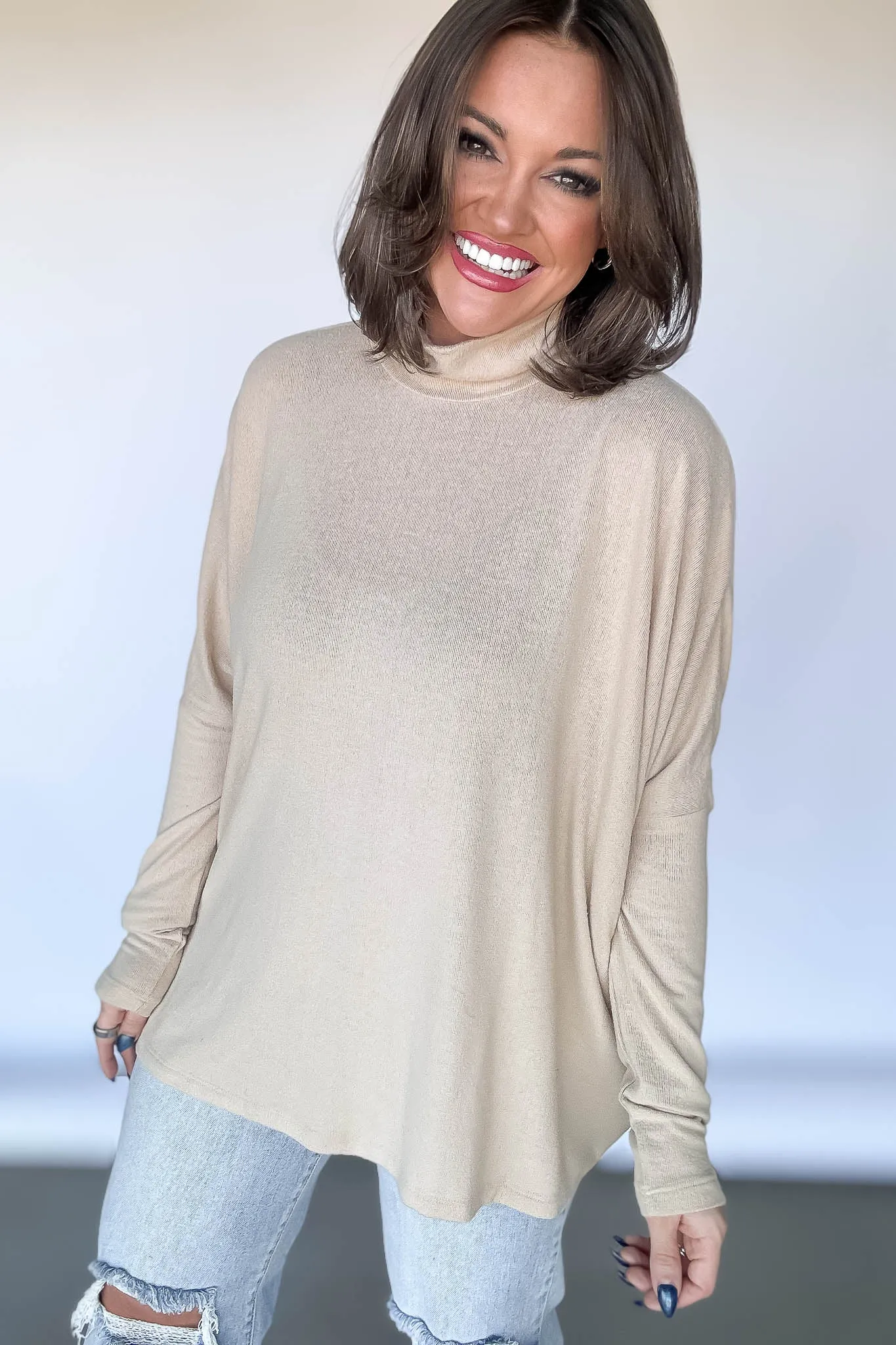 Cream Turtleneck Dolman-Sleeve Top