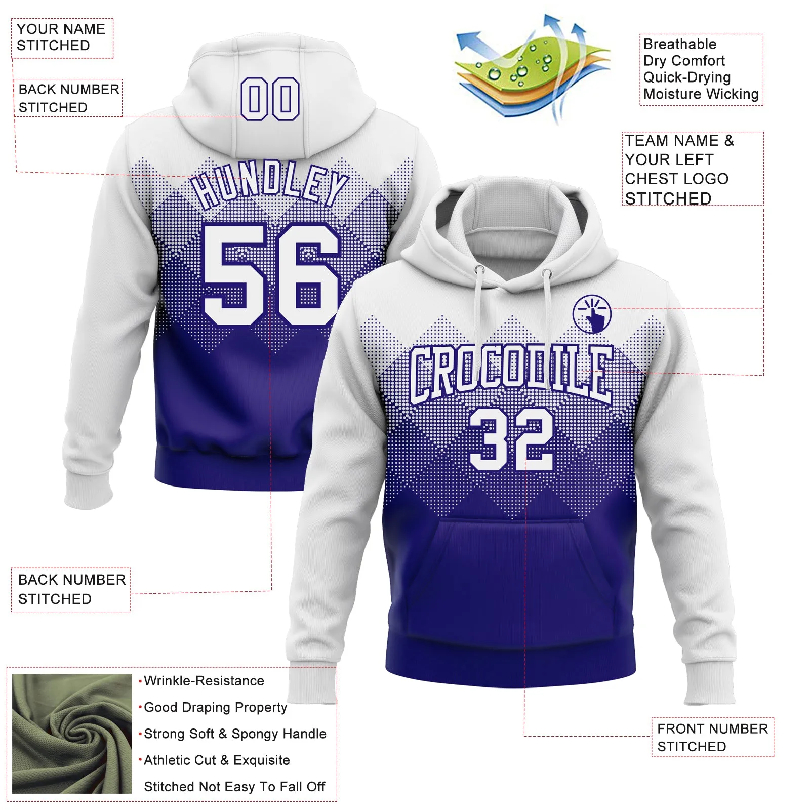 Custom Stitched White Dark Purple 3D Pattern Design Gradient Square Shape Sports Pullover Sweatshirt Hoodie