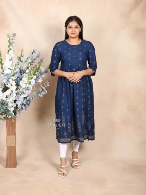 Dark Blue Cotton Kurti Adorned with Design Prints