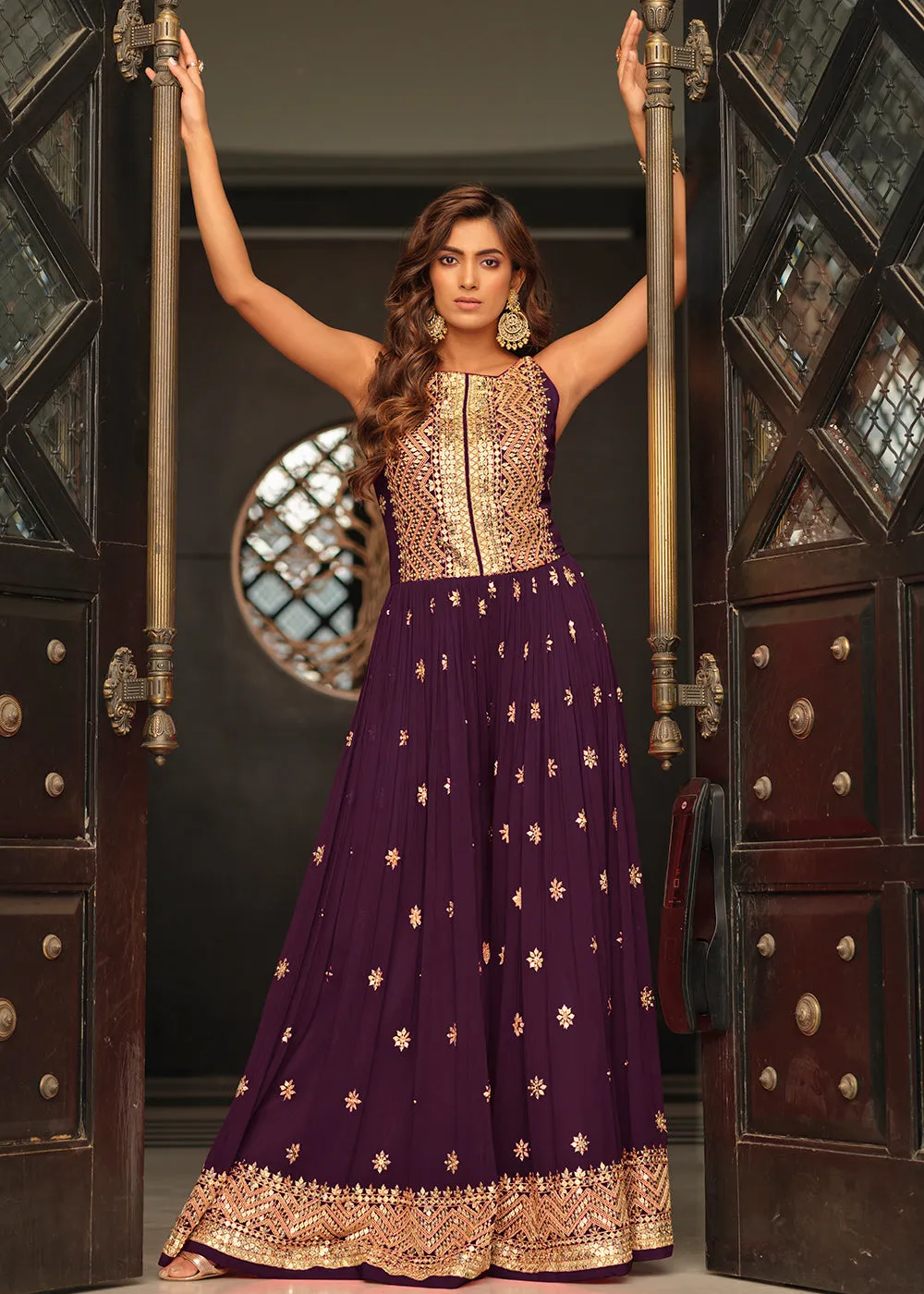 Dark Purple Indo-Western Embroidered Chinon Jumpsuit