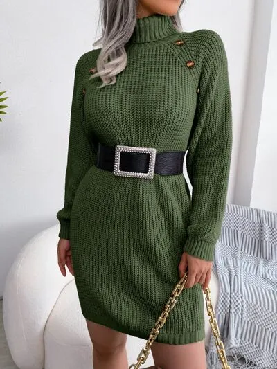 Decorative Button Turtleneck Sweater Dress