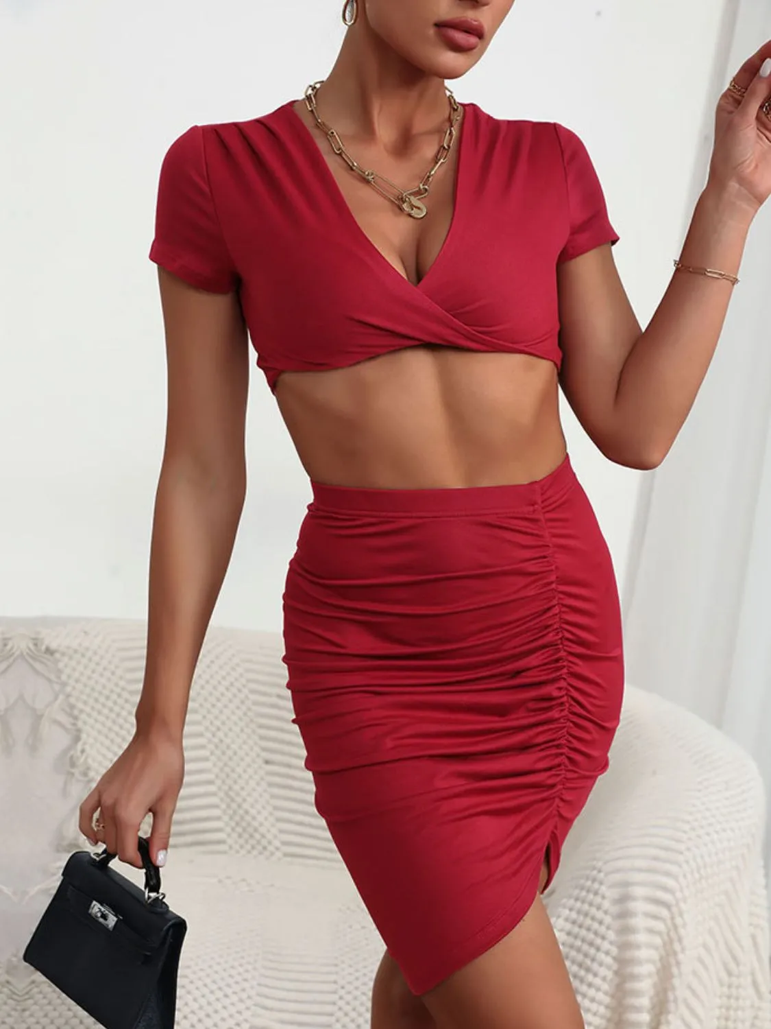 Deep V Cropped Top and Ruched Skirt Set