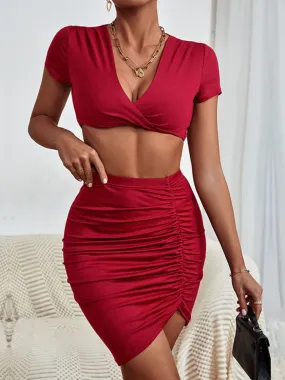 Deep V Cropped Top and Ruched Skirt Set