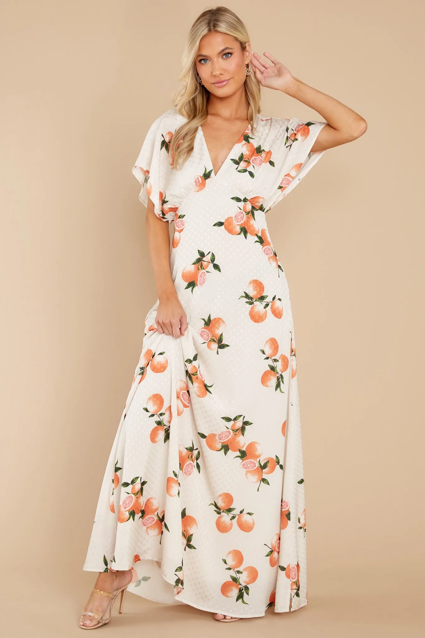 Dianella Grapefruit Print Satin Flutter Sleeve Maxi Dress