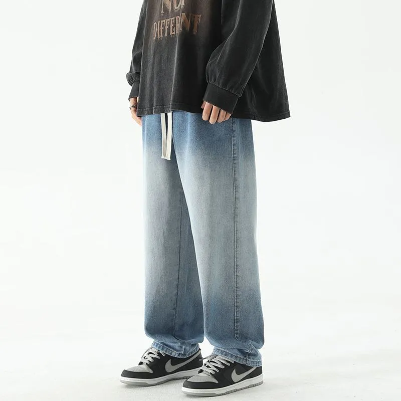 Elastic Waist Gradient Color Drawstring Loose Fit Straight Jeans