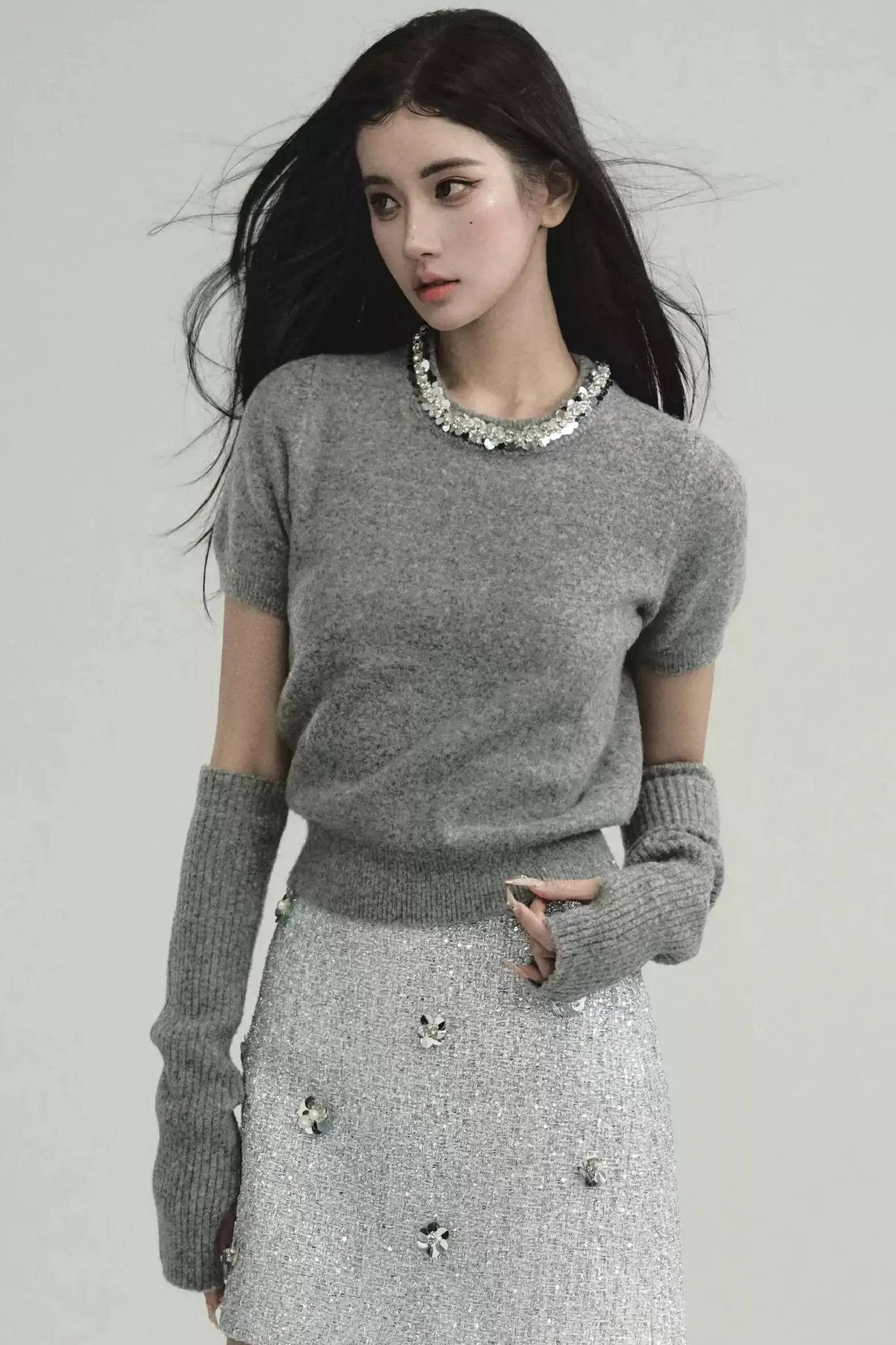 Elegant Layered Look: Pearl-Trimmed Cropped Sweater with Detachable Arm Warmers