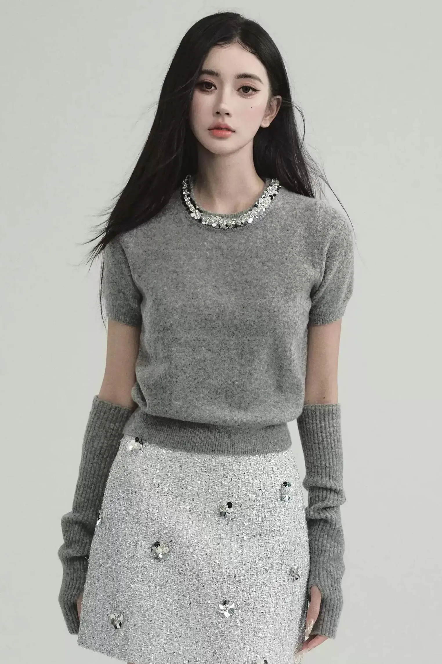 Elegant Layered Look: Pearl-Trimmed Cropped Sweater with Detachable Arm Warmers