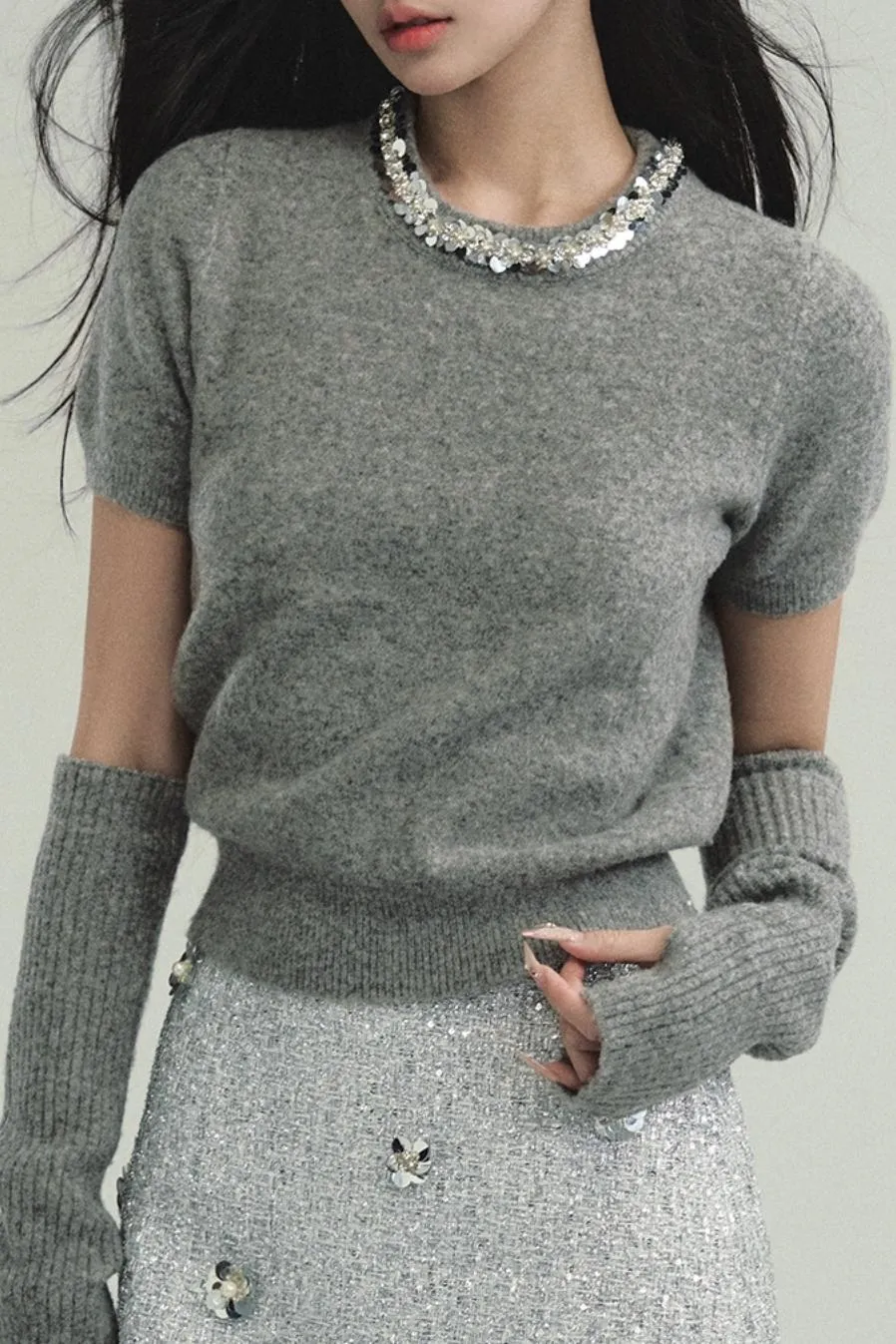 Elegant Layered Look: Pearl-Trimmed Cropped Sweater with Detachable Arm Warmers