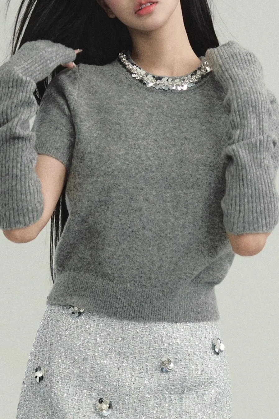 Elegant Layered Look: Pearl-Trimmed Cropped Sweater with Detachable Arm Warmers